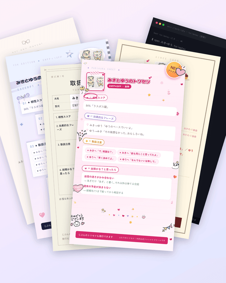 相性診断の結果画像の例。6種類のデザイン様式を扇状に並べたプレビュー